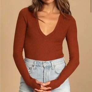Lulus Best Season Rust Orange Ribbed Bodysuit Size S